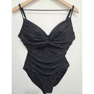 Hilor Women Black Twist Front Ruched One Piece Swimsuit Size 14 Adjustable Strap